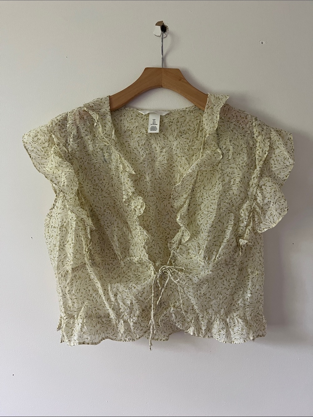 Light Yellow Floral Ruffle Tie-Front Women's Top Size L, Cottage Core, Boho